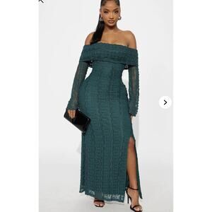 NWT Fashion Nova Maxi Dress Corinna Off Shoulder Stretch Lace Dark Teal Sz M